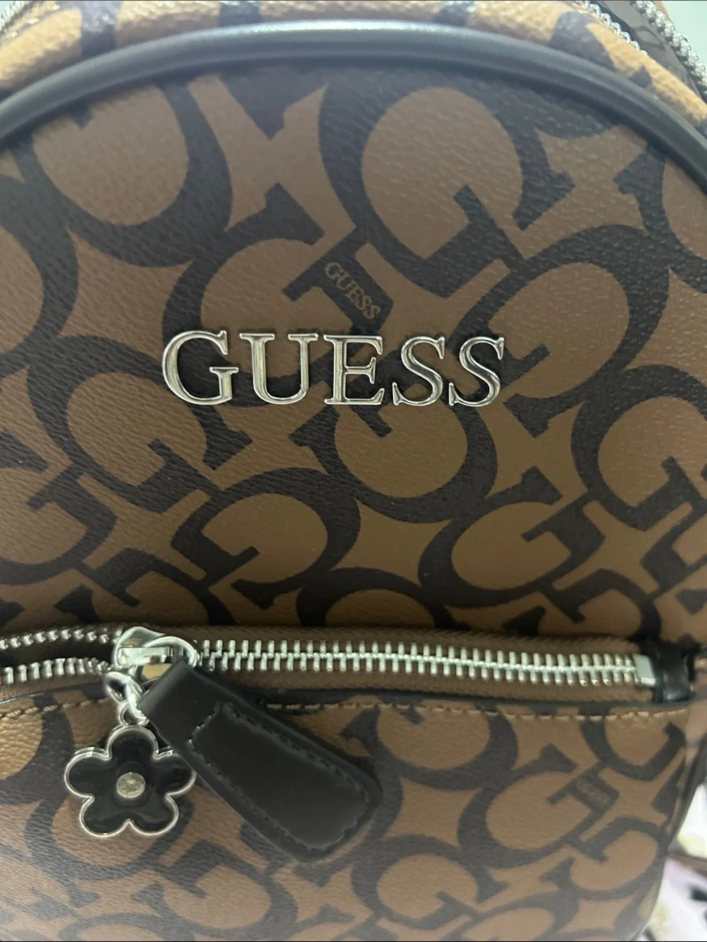 GUESS Brown Monogram Mini Backpack with Silver Hardware